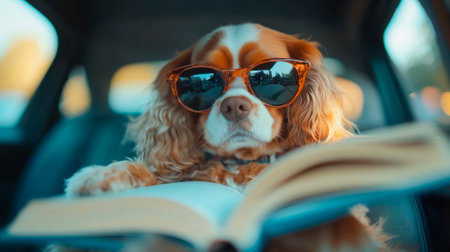 Cute dog in sunglasses reading a book while sitting in car.の素材