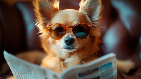 Cute Chihuahua dog wearing sunglasses reading newspaper at homeの素材