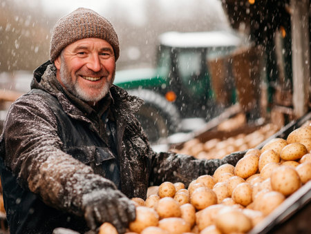 Portrait of a senior farmer selling potatoes at the market in winter.の素材