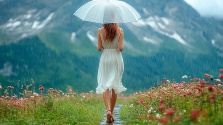 rA girl in an elegant white dress and high heels walks down mountain field with her umbrella while rainingの素材