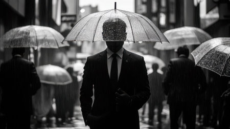 business man walks down the street with his umbrella, surrounded by bustling crowds in cityの素材