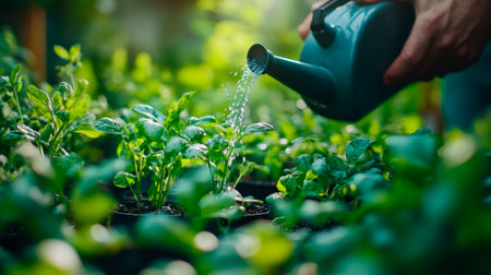 gardener watering plant in greenhouse gardenの素材