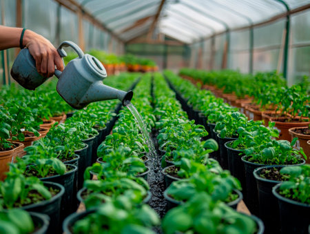 gardener watering plant in greenhouse gardenの素材
