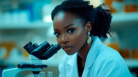 A scientist in a white coat working with microscopes and test tubes in a laboratory.の素材