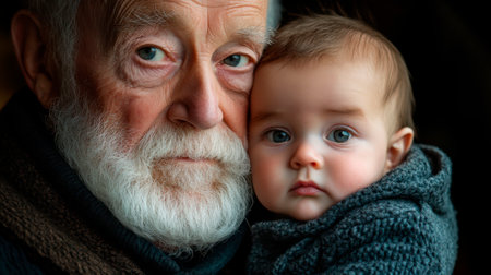A photograph of an elderly african male holding a small baby in his hand.の素材