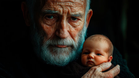 A photograph of an elderly african male holding a small baby in his hand.の素材