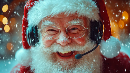 Close up photo of crazy funny santa claus listen music on modern headset celebrate christmas timeの素材