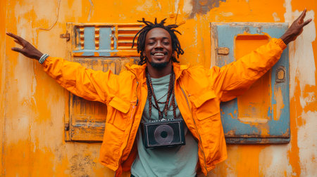 Full size photo of young excited african man crazy have fun enjoy party listen music boomboxの素材