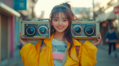 Full size photo of young excited african girl crazy have fun enjoy party listen music boomboxの素材