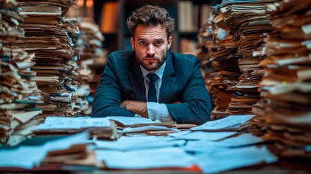 Young businessman employee unhappy with excessive workの素材