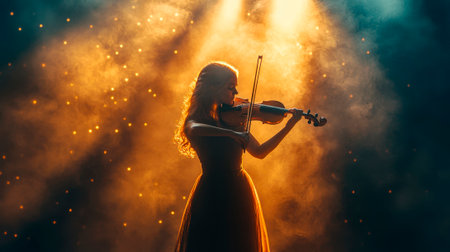 low key picture of woman play violin on stage with spotlightの素材