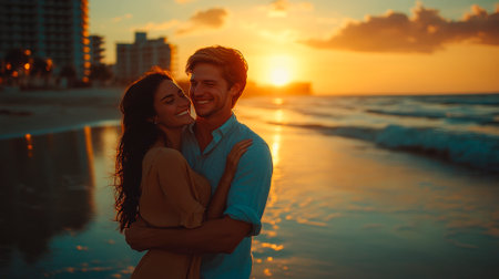 A handsome man lifting his girlfriend up on the beach, a happy and romantic moment, with soft lighting,の素材