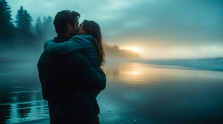 A handsome man lifting his girlfriend up on the beach, a happy and romantic moment, with soft lighting,の素材