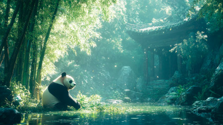 A panda eating bamboo in its natural habitatの素材