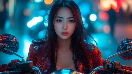 A beautiful  woman with long hair sits on a motorcycle.の素材