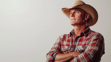 full body of farmer posing on white background on left side , Concept for business successの素材
