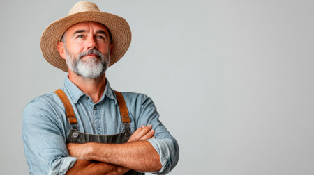 full body of farmer posing on white background on left side , Concept for business successの素材