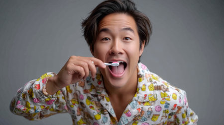 Handsome man brush teeth in the morningの素材