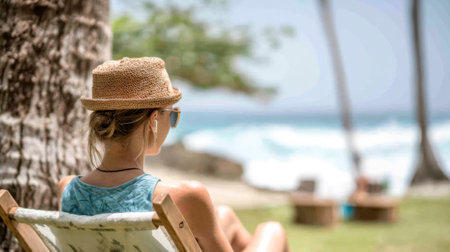 A young woman is sitting on a beach chair under coconut tree with a straw hat on her head. She is enjoying the view of the beach and the sound of the wavesの素材
