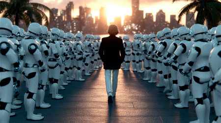 Human walk in the city among a many humanoid robot in the morningの素材