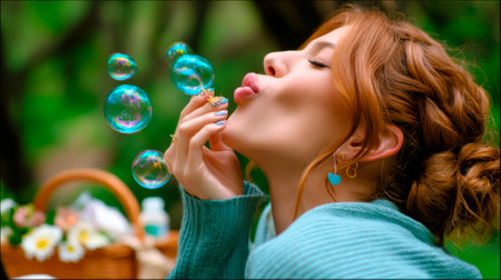 A young woman blowing soap bubbles in the park.の素材