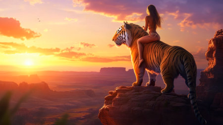 A beautiful woman is sitting on the back of an enormous tiger, standing atop a cliff overlooking a vast savannah at sunset.の素材