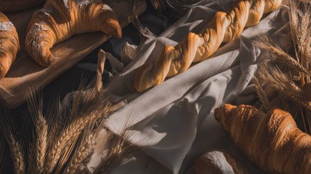 A variety of breads and pastries on an old wooden table, with wheat stalks in the background.の素材