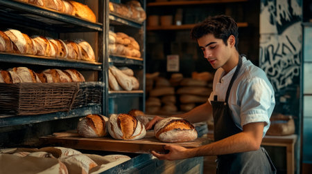 A young man with dark hair, wearing an apron, is taking out bread from the oven.の素材