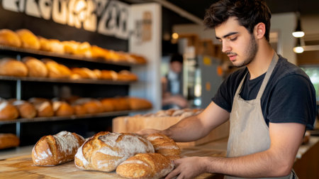A young man with dark hair, wearing an apron, is taking out bread from the oven.の素材