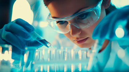 Female scientist working in a laboratory using a pipette with a test tube.の素材