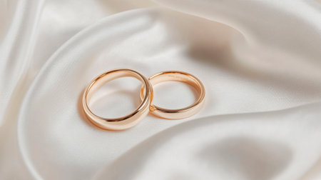 A pair of gold wedding rings with delicate details rests on the tableの素材