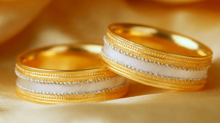 A pair of gold wedding rings with delicate details rests on the tableの素材