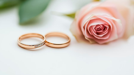 A pair of gold wedding rings with delicate details rests on the tableの素材