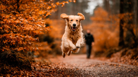 A picture of a Golden Retriever running happily in a parkの素材