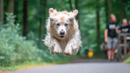 A picture of a Golden Retriever running happily in a parkの素材