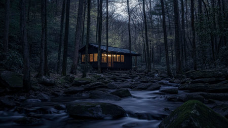 A small cabin in the woods, surrounded by trees and rocksの素材