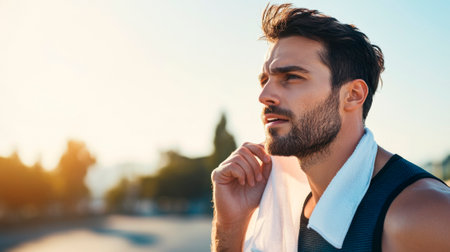 A male runner is wiping away sweat from his workout.の素材