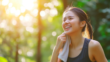 A female runner is wiping away sweat from her workout.の素材