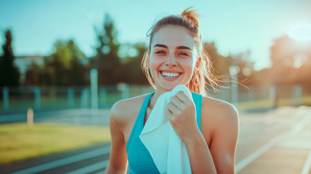 A female runner is wiping away sweat from her workout.の素材