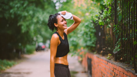 A female runner is wiping away sweat from her workout.の素材