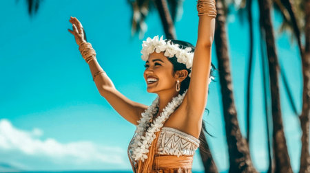 A Hawaiian beautiful woman in traditional attire, dancing and smiling under the palm trees on an island beach.の素材
