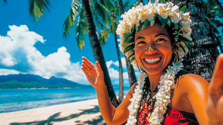A Hawaiian beautiful woman in traditional attire, dancing and smiling under the palm trees on an island beach.の素材