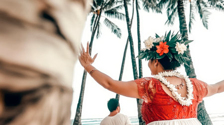 A Hawaiian beautiful woman in traditional attire, dancing and smiling under the palm trees on an island beach.の素材