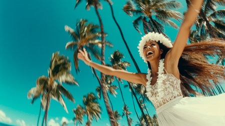 A Hawaiian beautiful woman in traditional attire, dancing and smiling under the palm trees on an island beach.の素材