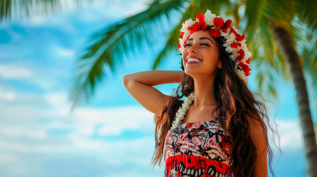 A Hawaiian beautiful woman in traditional attire, dancing and smiling under the palm trees on an island beach.の素材