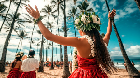A Hawaiian beautiful woman in traditional attire, dancing and smiling under the palm trees on an island beach.の素材