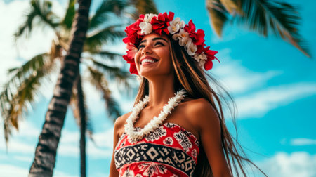 A Hawaiian beautiful woman in traditional attire, dancing and smiling under the palm trees on an island beach.の素材