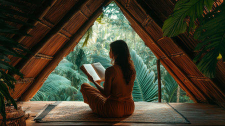 Photo of a woman reading in the attic with large windows, an interior view, a bamboo roof and walls.の素材