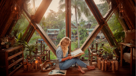 Photo of a woman reading in the attic with large windows, an interior view, a bamboo roof and walls.の素材