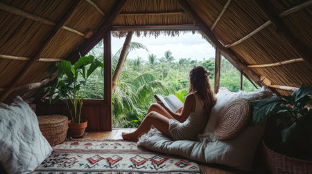 Photo of a woman reading in the attic with large windows, an interior view, a bamboo roof and walls.の素材